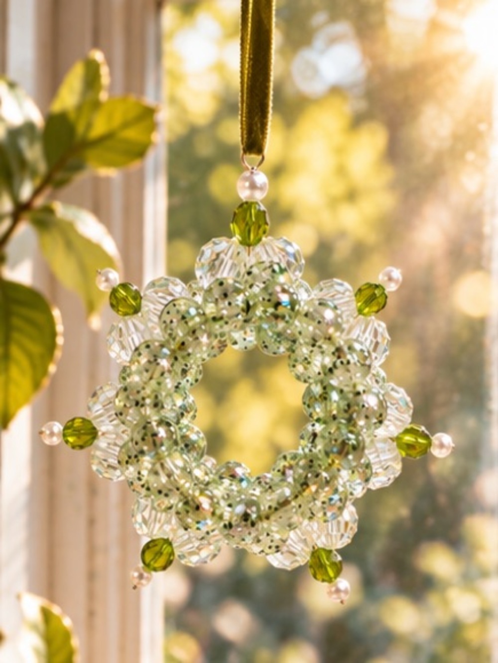 Wild Violet Handmade Beaded Ornament “Verdant Fizz” on Velvet Ribbon